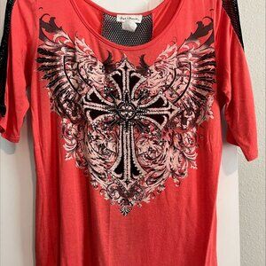Angel & Diamonds top with a rhinestone cross and angel wing design